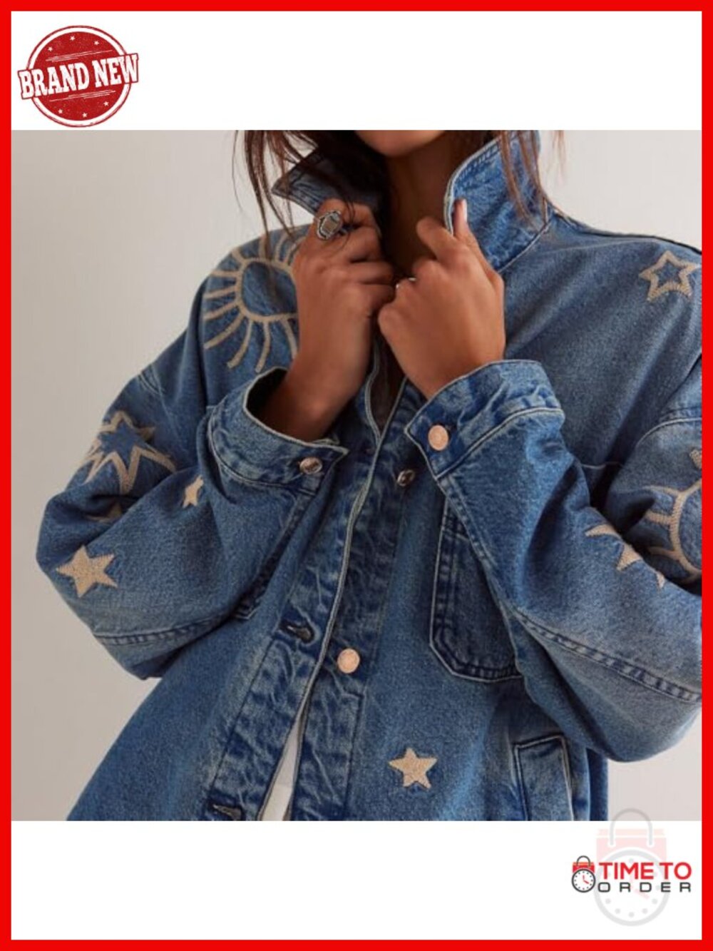 Vintage Oversized Denim Jacket with Embroidered Sun & Moon - Button Down Casual - Picture 2 of 4